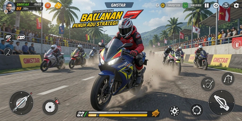 Tangkapan layar gameplay GMSTAR yang seru dengan balapan motor yang menegangkan.