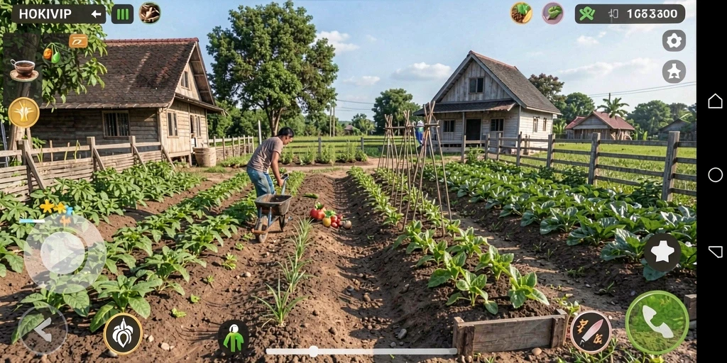 Screenshot gameplay HOKIVIP menampilkan kebun penuh dengan tanaman yang subur dan hewan peliharaan.