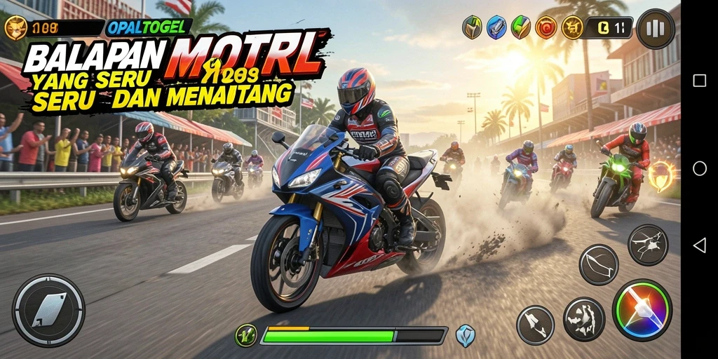 Screenshot tampilan gameplay balapan motor yang mendebarkan.