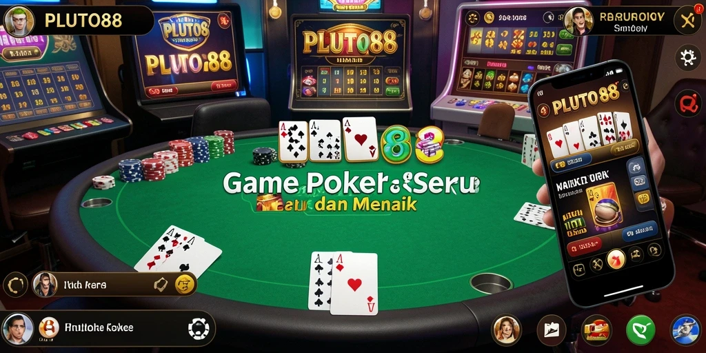 Screenshot gameplay PLUTO88 menampilkan aksi poker yang mendebarkan.