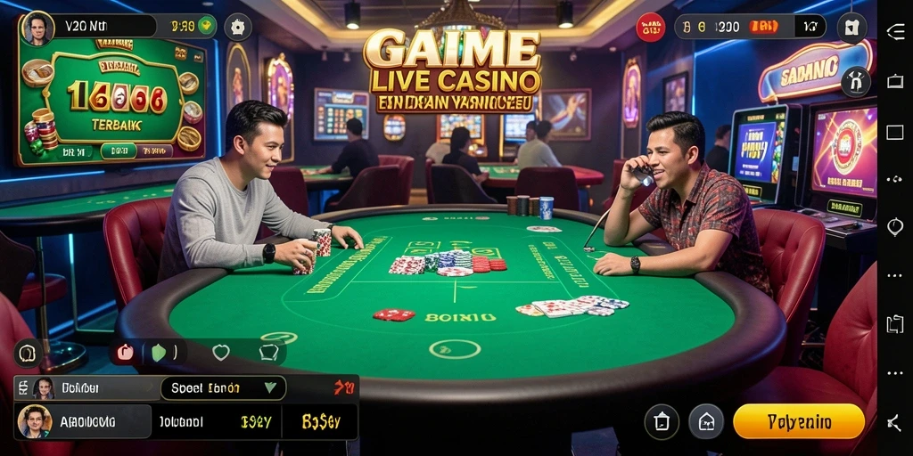 Screenshot V21 menampilkan dealer live berinteraksi dengan pemain dalam suasana permainan yang mendebarkan.